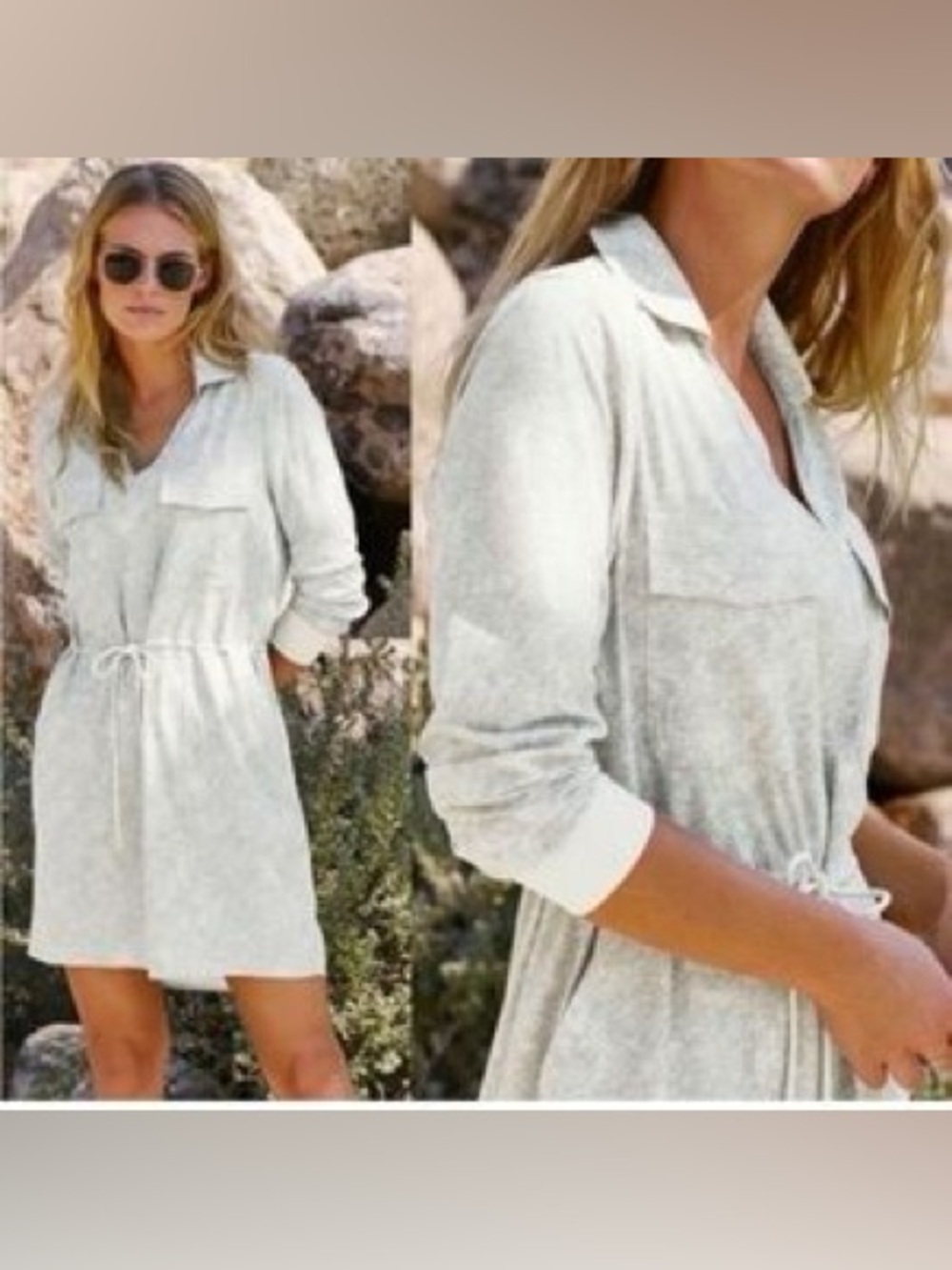 ATHLETA Zuma Printed Shirt Dress Cream Gray Lightweight Waist Tie Size Small
